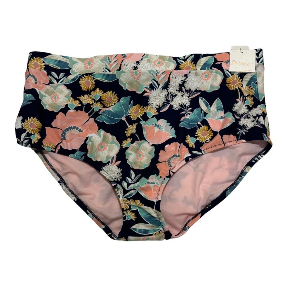 Raisins Plus Size 22W Tie Back High-Rise Bikini Bottoms Navy Floral NWT‎